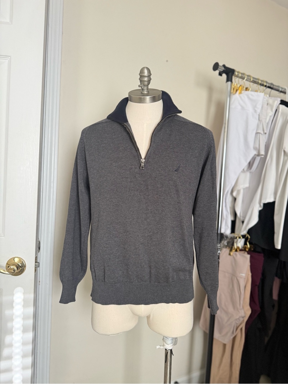 Nautica Men’s Dark Gray Half-Zip Sweater with Navy Trim